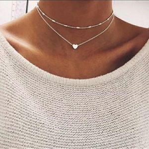 Silver 2 layer heart choker necklace